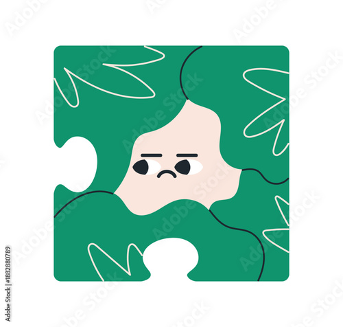 Disappointed face, puzzle piece emoji. Sad upset displeased facial expression, emotion. Frustrated annoyed offended character, unhappy reaction. Flat vector illustration isolated on white background
