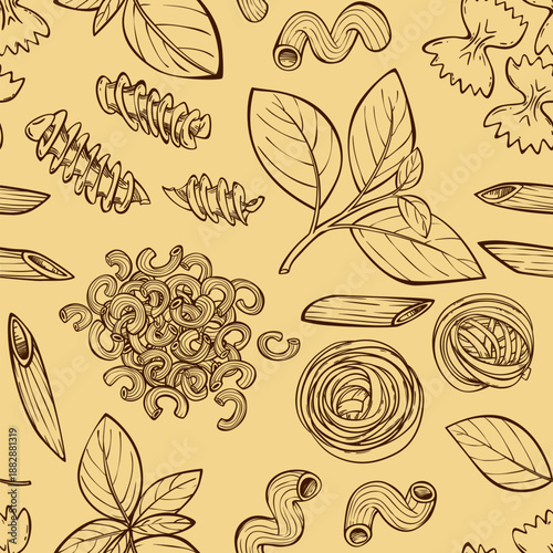 Seamless pattern with doodle pasta and basil leaves on beige background. Vector illustration of black line spaghetti noodles, tagliatelle, fusilli, linguine, farfalle, traditional Italian food