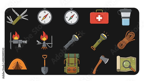 Flat design collection of outdoor adventure and camping survival gear icons.