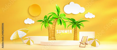 Summer beach banner with round podiums on yellow background. Vector realistic illustration of resort chaise lounge, ball and umbrella against wall decorated with clouds, sun, palms with green leaves