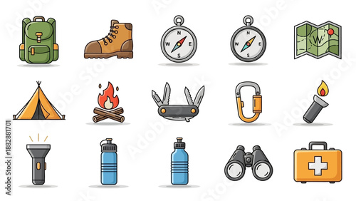 Set of flat icons for camping and hiking adventure