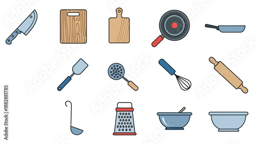 Clean and simple illustration of various kitchen cooking tools and food preparation equipment.