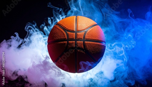 Wallpaper Mural Basketball Surrounded by Colorful Smoke with Dramatic Blue and Pink Lighting for Sports Art and Visual Impact Torontodigital.ca