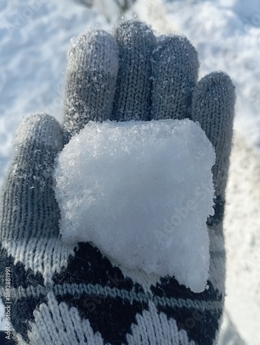 Round snowball resting on gloved human hand, winter closeup detail, soft natural daylight, minimal seasonal scene