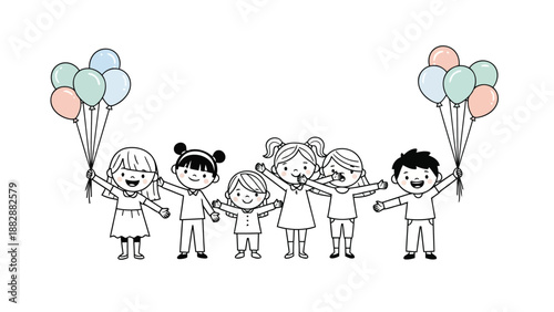 a charming line drawing depicts several happy children cheerfully holding bunches of colorful balloons aloft