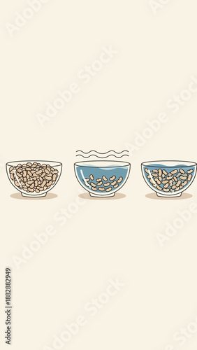 Illustration Depicting a Step-by-Step Culinary Process of Soaking and Preparing Beans for Cooking