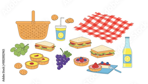 Illustration Of A Relaxing Picnic Scene With Food, Beverages, And A Basket For Leisure Time