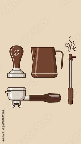 Illustration of Coffee Brewing Equipment in a Minimalistic Style with Steam, Brown Tones