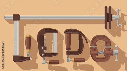 Illustration Of Various Carpentry Clamps, Perfect For Woodworking And Construction Projects