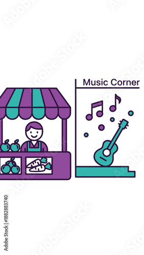 Illustration Of A Marketplace Featuring Fresh Produce And A Stage For Live Musical Performances