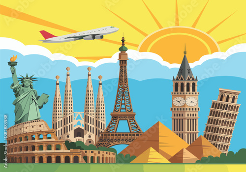 Famous world landmarks travel illustration with airplane and sunrise, colorful vector design for global tourism, vacation planning, international destinations, and travel concept