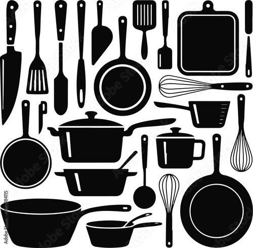 Assortment of Black Kitchen Utensils and Cookware
