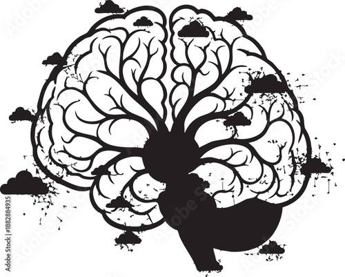 Human brain silhouette filled with soft clouds representing imagination and abstract thinking