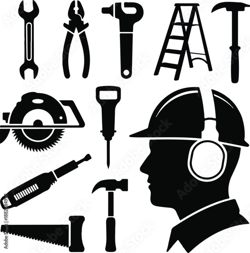 Construction Tools and Worker Silhouette