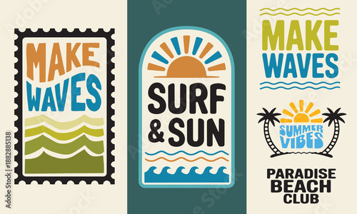 Vector graphic set with a tropical surf and sun theme illustrations. Including phrases such as Make Waves, Paradise Beach Club. Perfect for t-shirt prints, posters, stickers  and  Summer vibes designs
