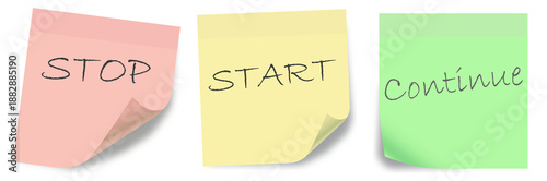 Start, Continue, Stop. Colorful sticky notes to be used by agile development teams for retrospective evaluation. Scrum board usage for software development.