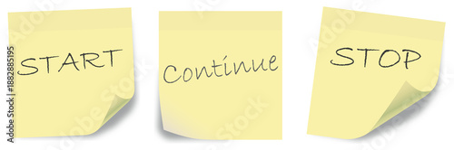 Start, Continue, Stop. Sticky notes to be used by agile development teams for retrospective evaluation. Scrum board usage for software development.