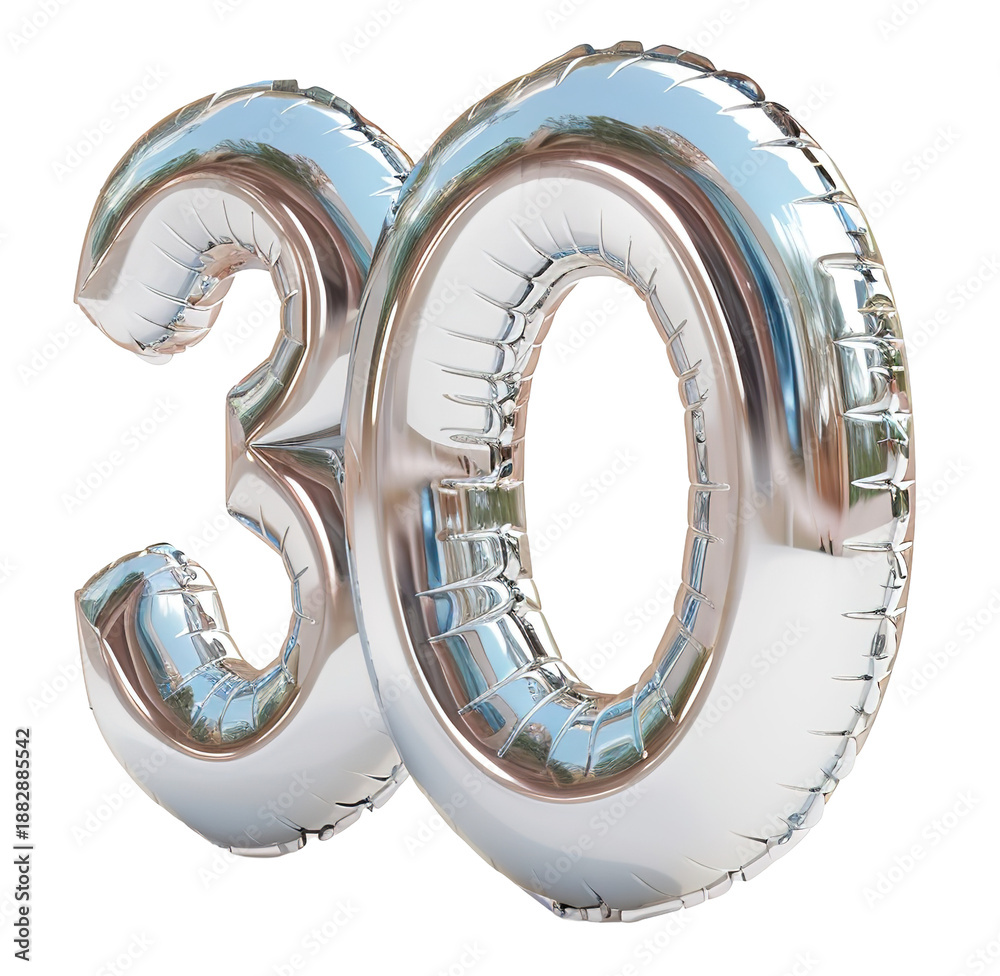 custom made wallpaper toronto digitalNumber thirty appears in chrome finish with a mirror-like surface. The background is clear, making it suitable for various occasions like birthdays or anniversaries