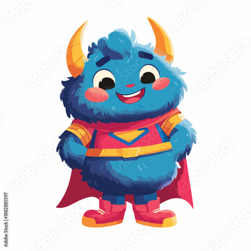 A cheerful blue chibi monster sticker with yellow horns and a red cape smiles on a white background, dressed as a superhero with a cute monster cosplay sticker design.
