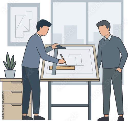 Architects Collaborating on Technical Drawings at Physical Drafting Table