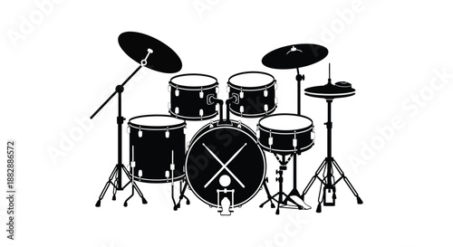 A striking black and white depiction of a complete drum set showcasing its form and structure as a silhouette high quality