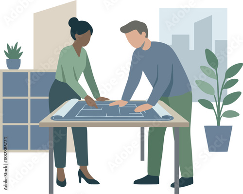Two Architects Reviewing Large Construction Blueprints on Office Table