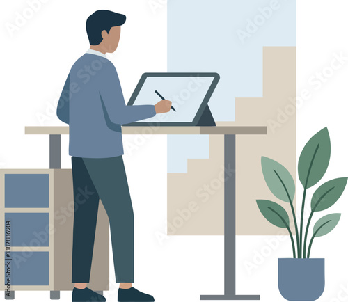 Male Architect Sketching on Digital Tablet at Ergonomic Standing Desk in Modern Office