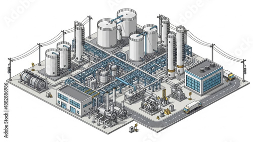 Industrial Chemical Plant Complex Isometric View.