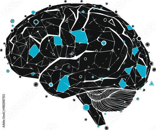 Abstract geometric brain with connecting dots and blue color accents for neurotechnology data.