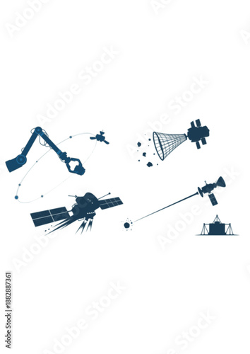Space Junk Cleaning Silhouette, Satellite Debris Removal and Orbital Sustainability, Future Aerospace Environment Care Vector Design