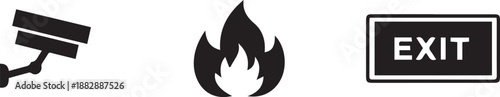 Essential safety and security icons: cctv camera, fire hazard, and emergency exit sign