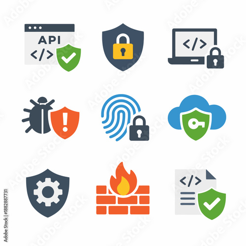 Cybersecurity icons: firewall, api protection, lock, fingerprint, cloud security