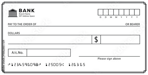 Bank check, vector blank money cheque, checkbook template with guilloche pattern and fields. Currency payment coupon, money check background