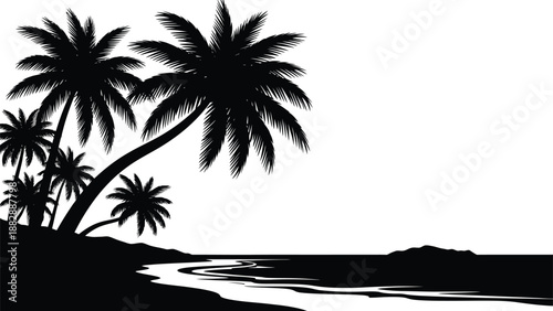 A striking illustration depicts several tropical palm trees against a bright white background creating a peaceful seaside scene silhouette high quality