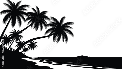 A striking black and white depiction of tropical palm trees gracefully bending over a serene coastline creating a dramatic silhouette