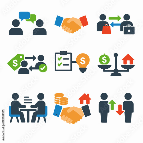 Business icon set featuring communication, transactions, and contracts