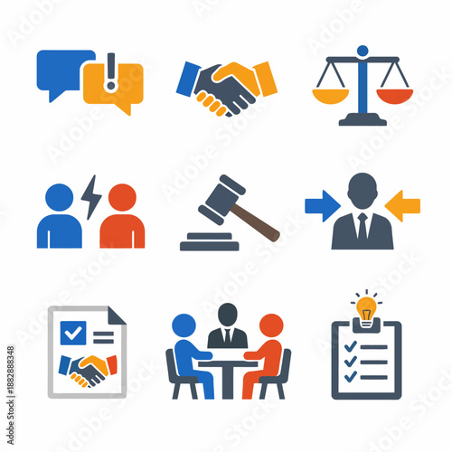 Legal and business icons: communication, negotiation, judgment, collaboration symbols