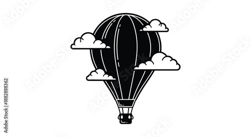 A striking black and white illustration depicts a hot air balloon ascending amidst fluffy clouds creating a minimalist silhouette high quality