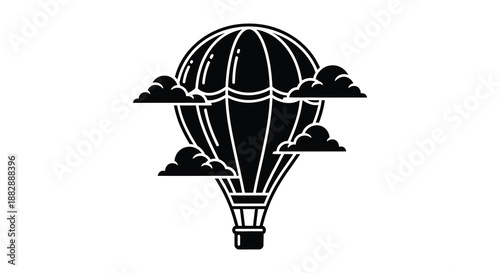 A striking depiction of a classic hot air balloon design floating amongst stylized clouds presented as a bold silhouette high quality