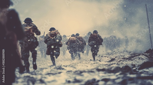 soldiers marching through heavy snow on winter battlefield