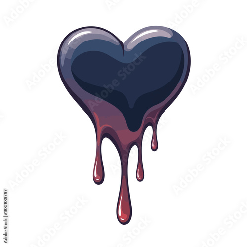 Dark heart with a broken, melting effect and dripping red liquid on a clean white background with a sense of heart brake.