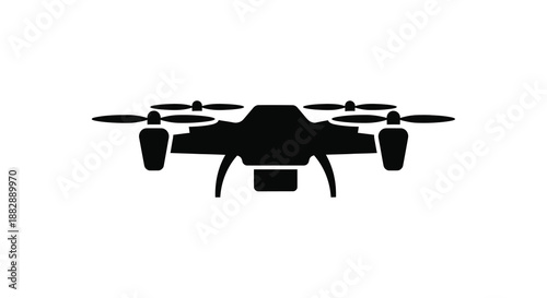 A stark black depiction of a modern quadcopter drone with outstretched rotors and landing gear presented as a silhouette high quality