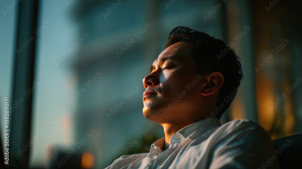 Fototapeta premium Man enjoying sunlight in a modern indoor space during the evening hours