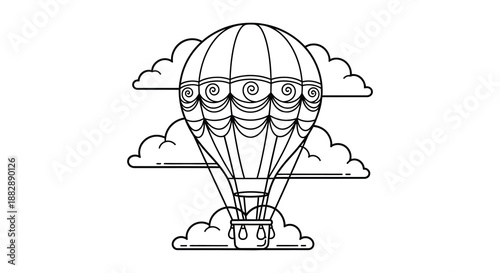 A detailed line drawing depicts a classic hot air balloon floating amidst fluffy clouds creating a serene and whimsical scene silhouette