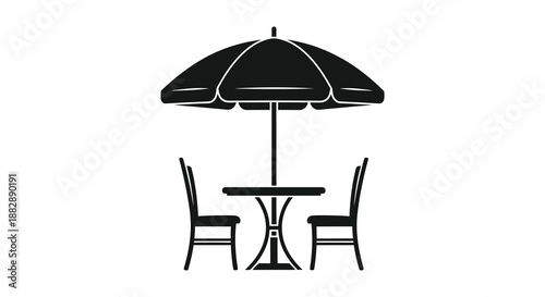 a simple depiction of an outdoor cafe setting with a parasol table and two chairs presented as a bold silhouette