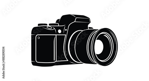 A detailed representation of a professional digital slr camera in a stark black and white color scheme silhouette high quality modern