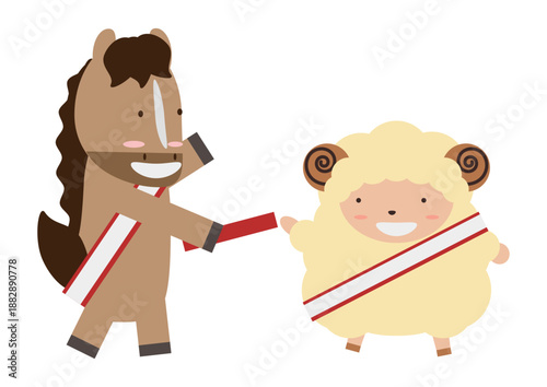 かわいい馬から羊へ干支のリレーをイメージしたイラスト素材