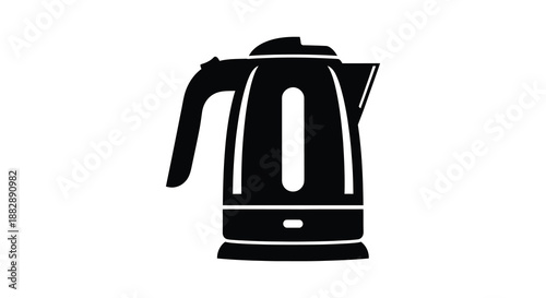 A stark black and white depiction of an electric kettle showcasing its form and handle in a simple silhouette high quality