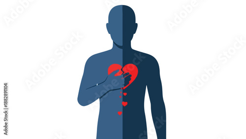 A blue silhouette of a man with a red heart and broken pieces emerging from his chest, conveying a sense of heartbreak and sadness on a white background with a somber mood.