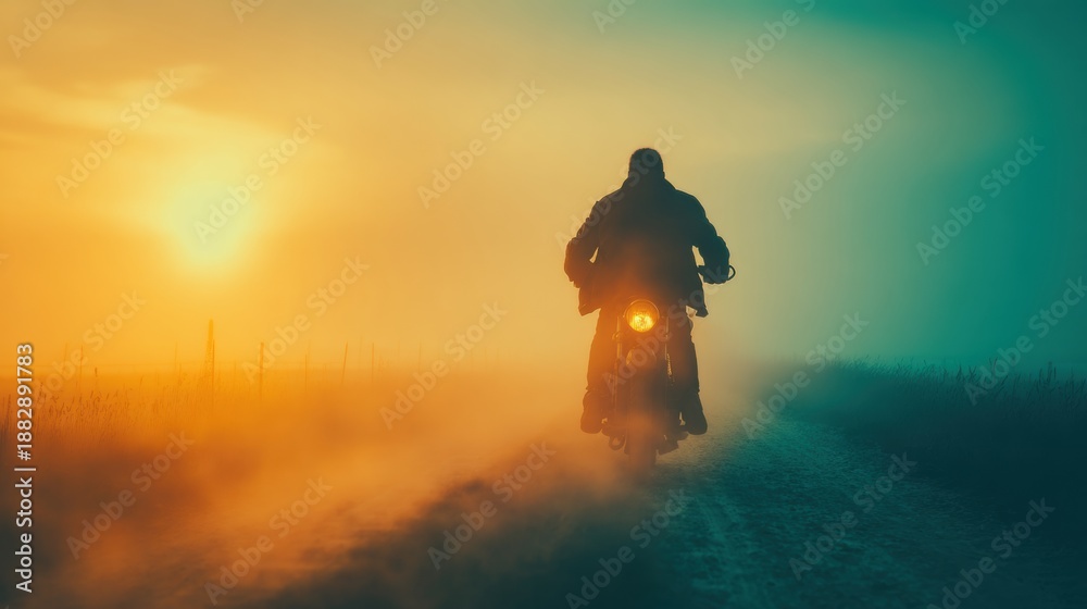 Fototapeta premium Biker rides on a dusty road during sunset with a colorful sky
